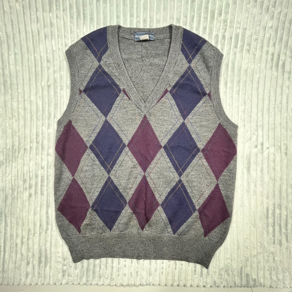 Reynolds Penland Virgin Wool Sweater Vest Men's L‎ Argyle Preppy Academia *Flaws